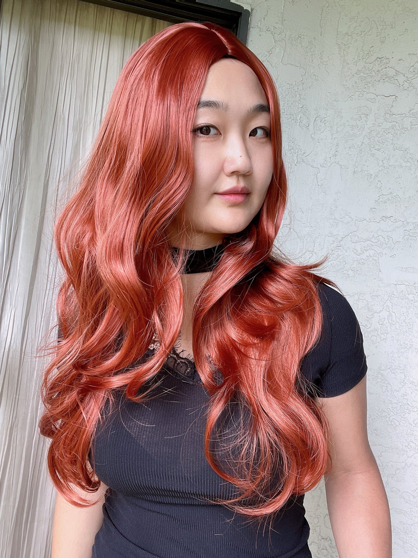 Beautiful long Wavy Curly Red Orange Wig Wine Burgundy Natural Realistic mid-part no bang