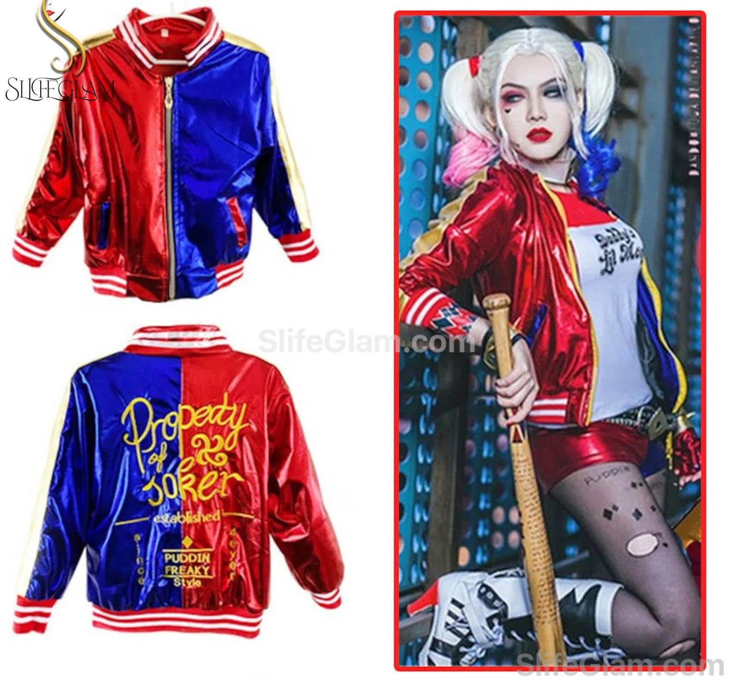 Harley Quinn Cosplay Embroidery Jacket, Property of Joker Jacket, Batman Joker Suicide Squad Harley Quinn Cosplay Costume Wig Full Jacket Set Halloween Costume