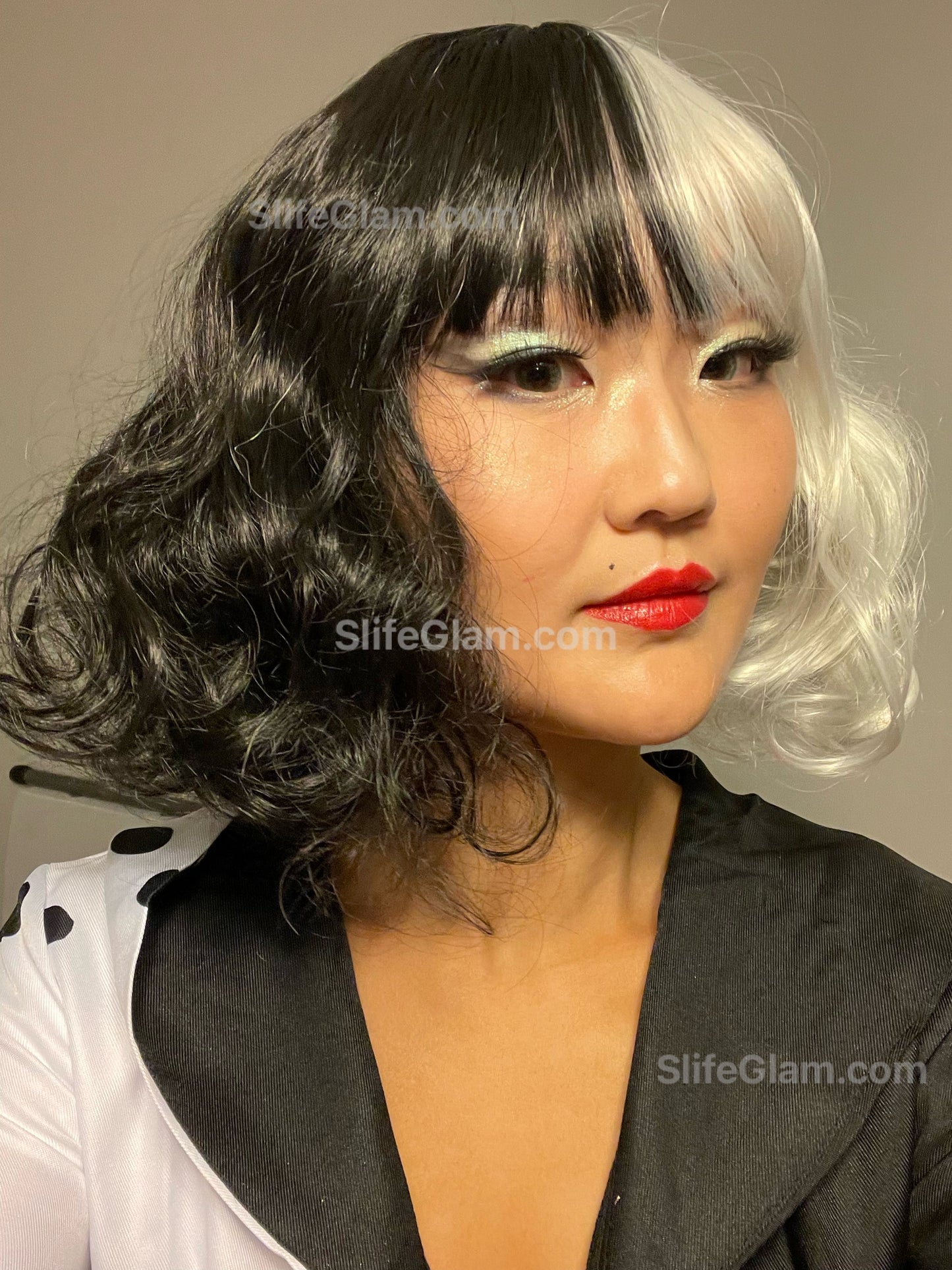 Cruella de Vil Wig Black and White Wig 2 Tone Short Bob Wig Halloween Costume Wig