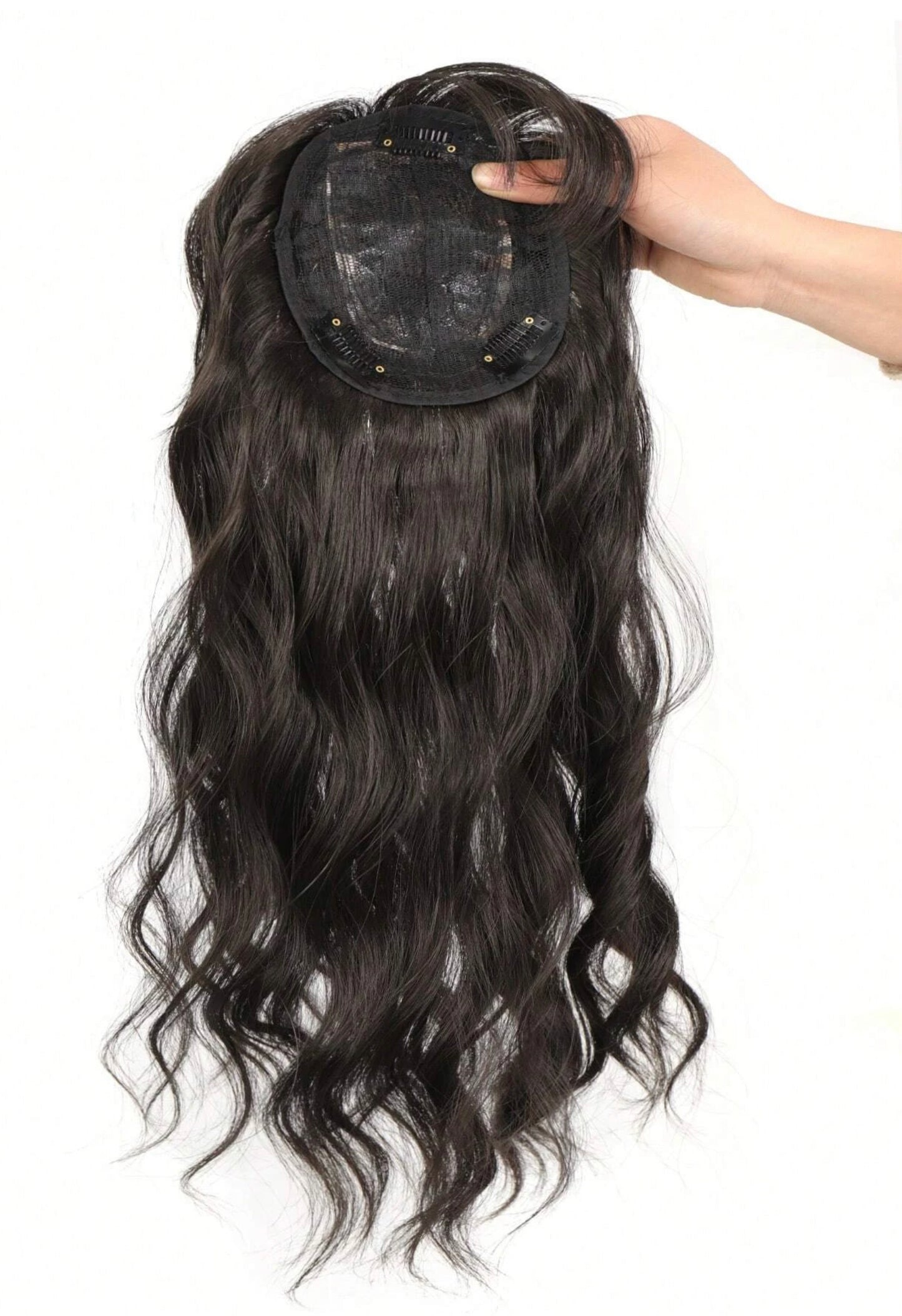 Realistic Black Brown Curly Hair Topper With Bang Wavy Hair 18 inches