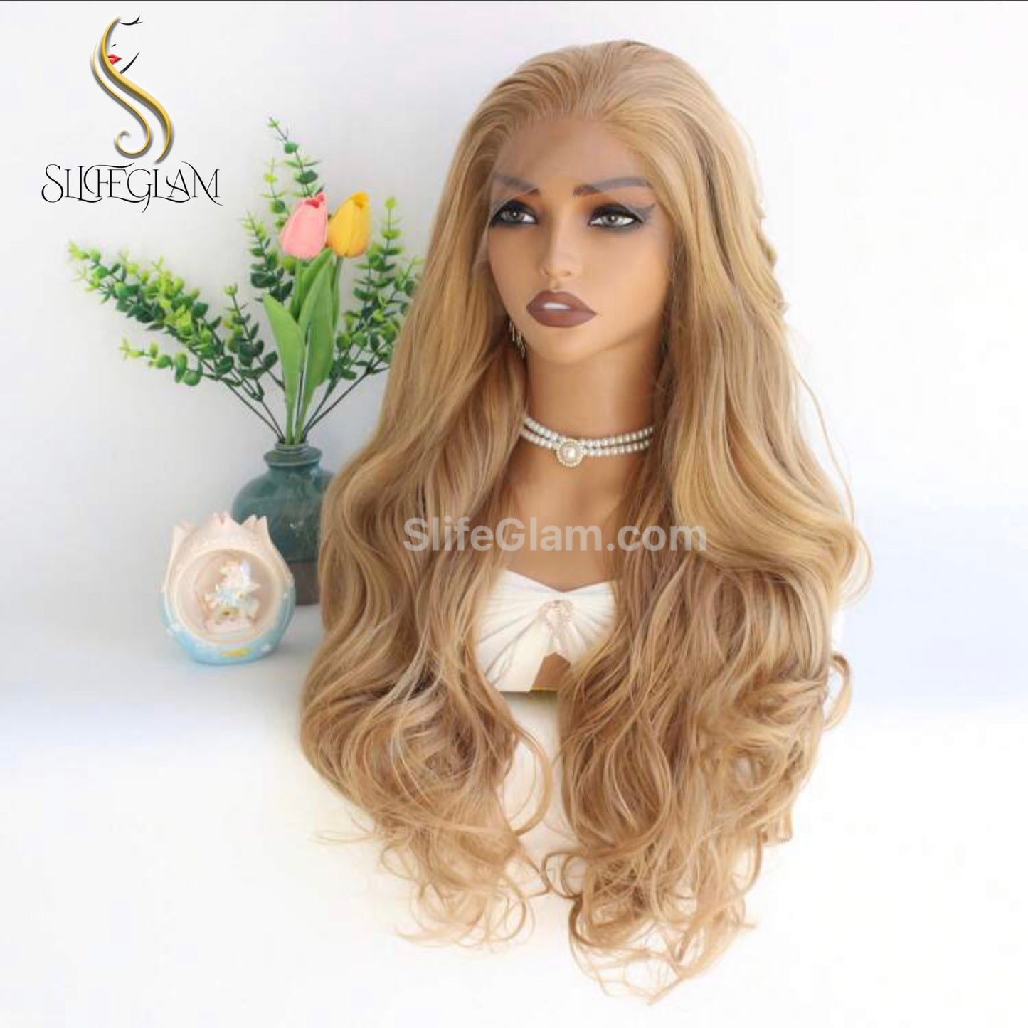 SlifeGlam Long Wavy  Lace Front Honey Blonde Ash Blonde Cosplay Synthetic Hair Wigs  Free Part Lace Frontal  Japanese Resistant Fiber