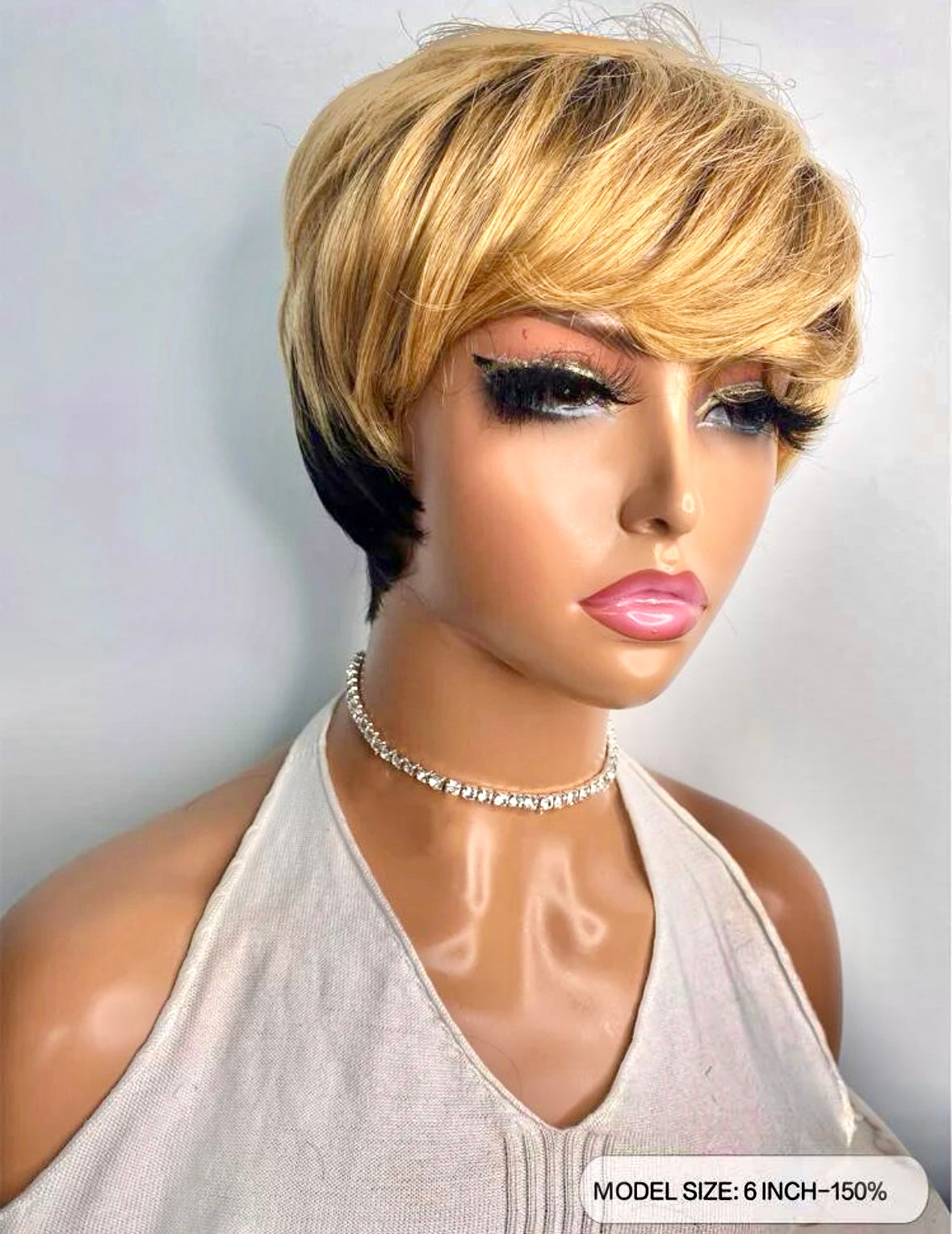 Pixie Cut Ombré Wig Body Wave Bangs Wig 1B Wine Red/Blonde Color 6 Inch Short Human Hair Wig Ombre Color