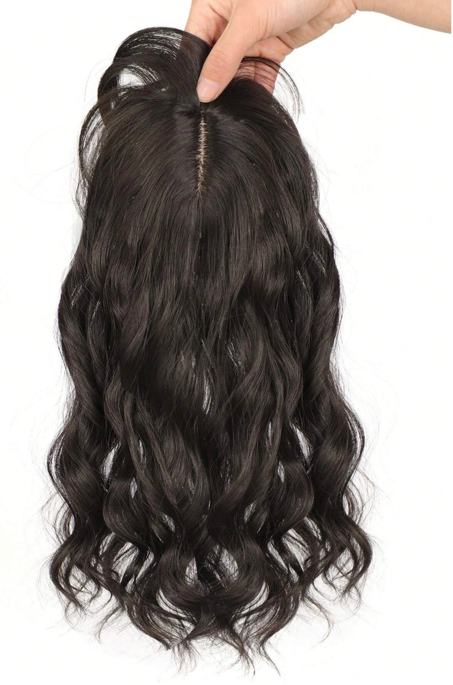 Realistic Black Brown Curly Hair Topper With Bang Wavy Hair 18 inches