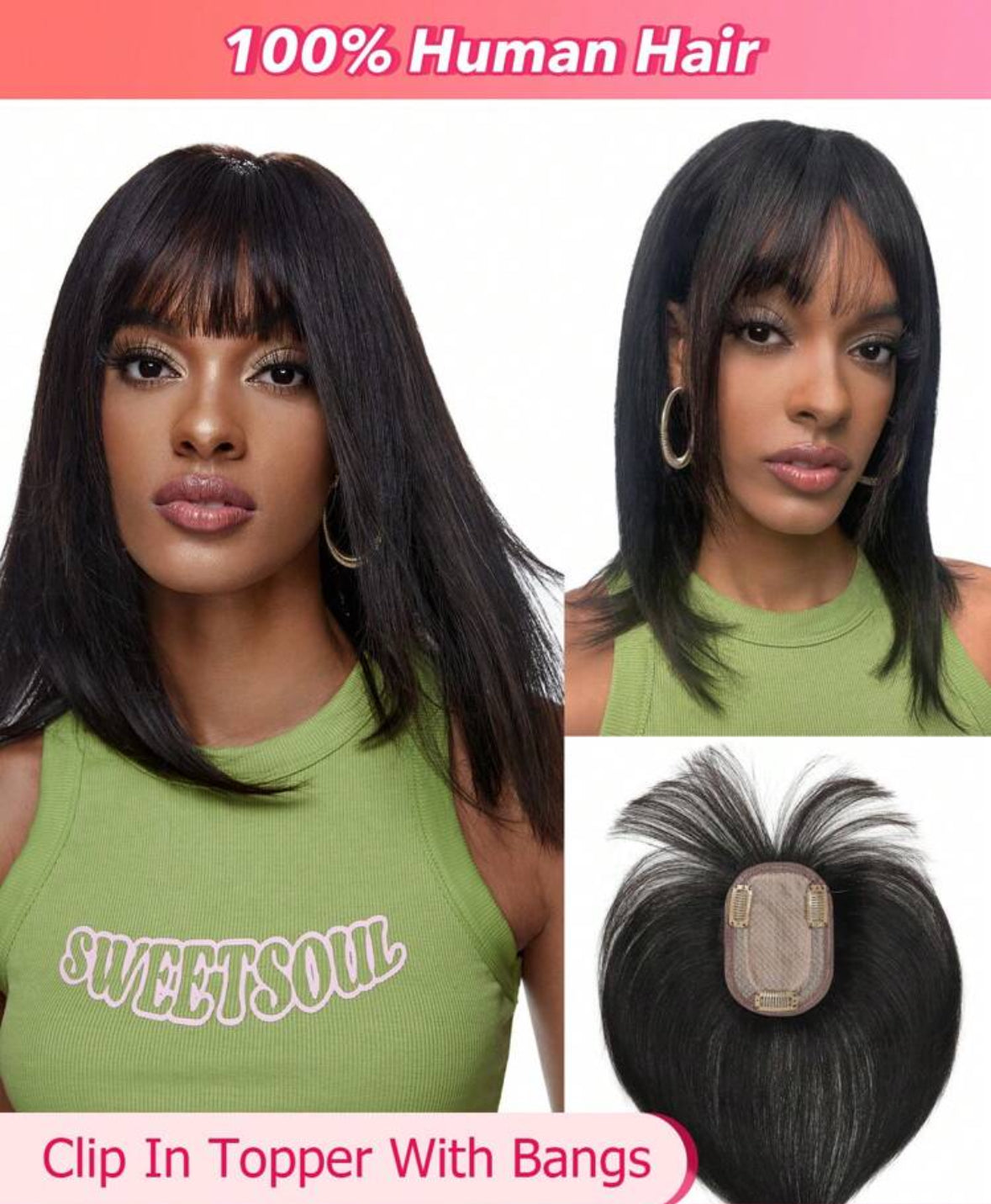 Silk Base 100% Virgin Human Hair Topper 12 inches Natural Black Top Hairpiece Air Bangs 8 X 12 CM Straight Topper With Bangs Clip-in