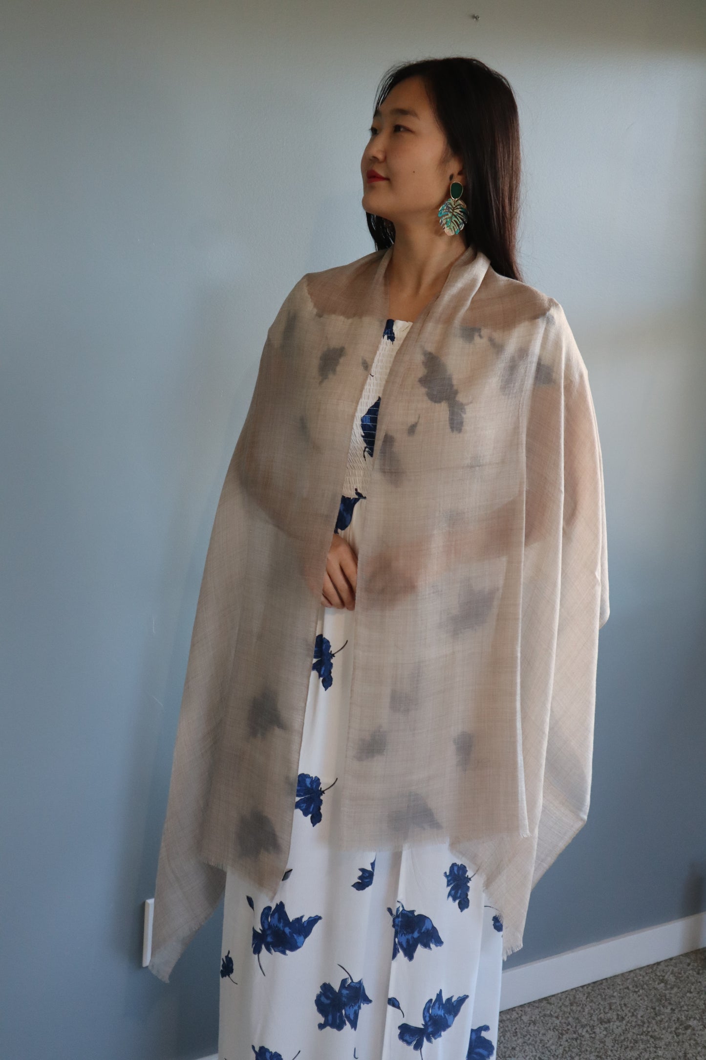 Handmade 100% Ring Cashmere Grey Brown Scarf Luxury Pashmina Handmade in Kashmir Light Soft and Warm Fair-trade from Nepali Artist Clearance Holiday Special Christmas Gift Thin Light Turquoise Blue/Green