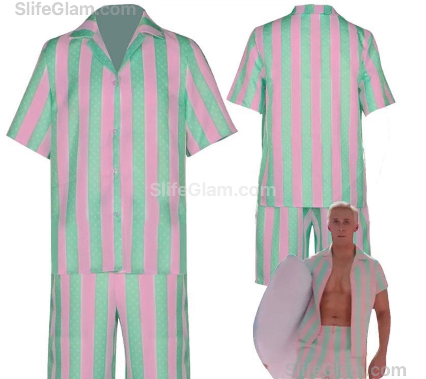 Ken Beach Costume|Couple Outfit | Halloween Costume Cosplay Beach Wear Movie Barbie Costume KEN BEACH COSTUME ONLY Stripe Shorts and T-shirt Set