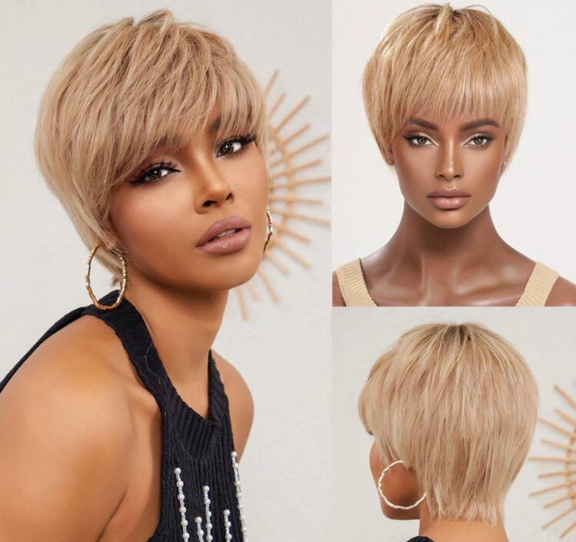 100% Human Hair Short Blonde Ombre Pixie Cut Wig