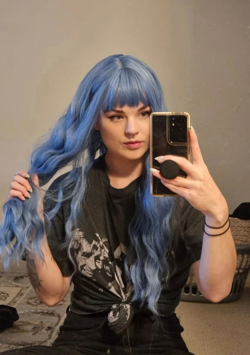 Beautiful Long Realistic Wavy Blue Wig Halloween Wig Drag Wig