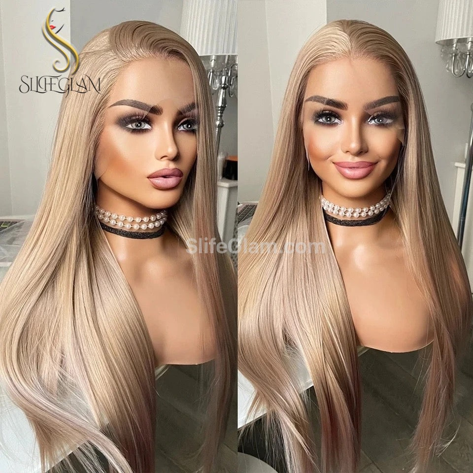 SlifeGlam Long Straight Lace Front Honey Blonde Ash Blonde Cosplay Synthetic Hair Wigs  Free Part Lace Frontal  Japanese Resistant Fiber