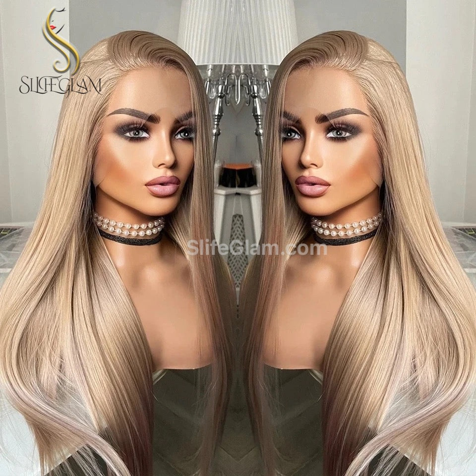 SlifeGlam Long Straight Lace Front Honey Blonde Ash Blonde Cosplay Synthetic Hair Wigs  Free Part Lace Frontal  Japanese Resistant Fiber