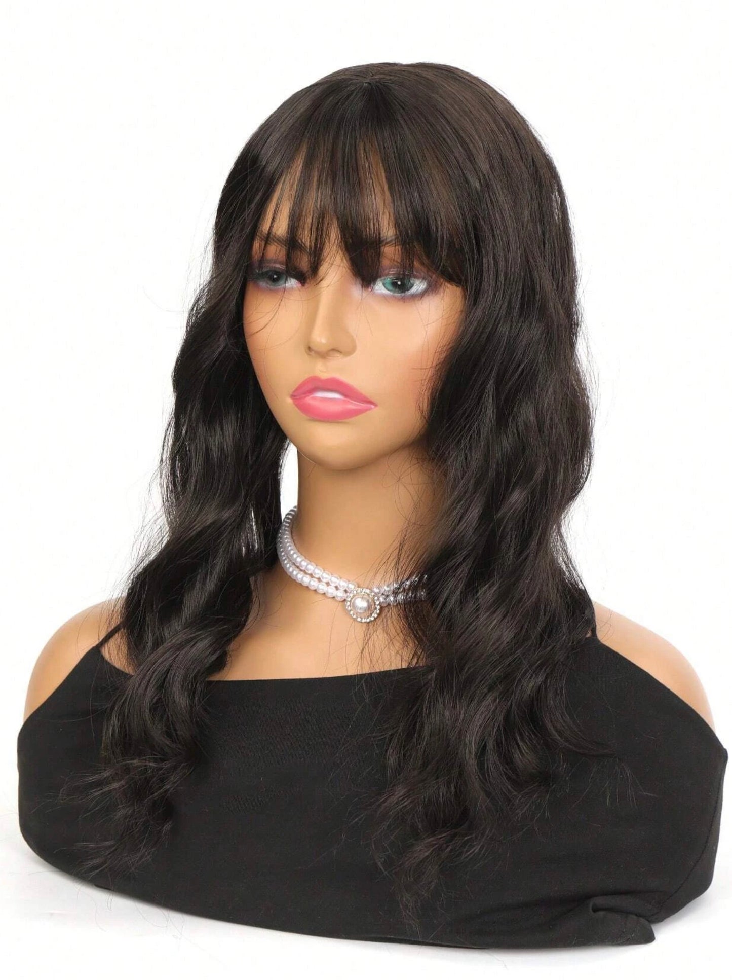 Realistic Black Brown Curly Hair Topper With Bang Wavy Hair 18 inches