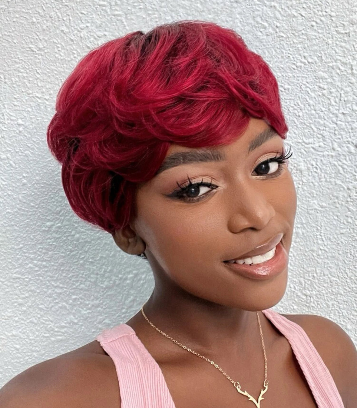 Pixie Cut Ombré Wig Body Wave Bangs Wig 1B Wine Red/Blonde Color 6 Inch Short Human Hair Wig Ombre Color