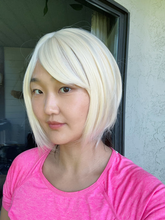 SlifeGlam Cute Platinum Blonde Ash Blonde Straight Bob Wig with Bang REALISTIC HAIRLINE Japanese Resistant Fiber