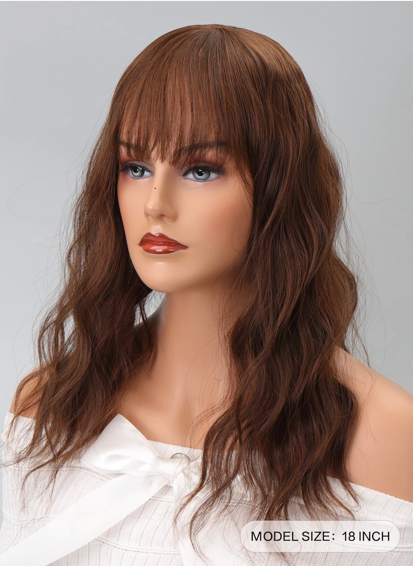 Realistic Black Brown Curly Hair Topper With Bang Wavy Hair 18 inches