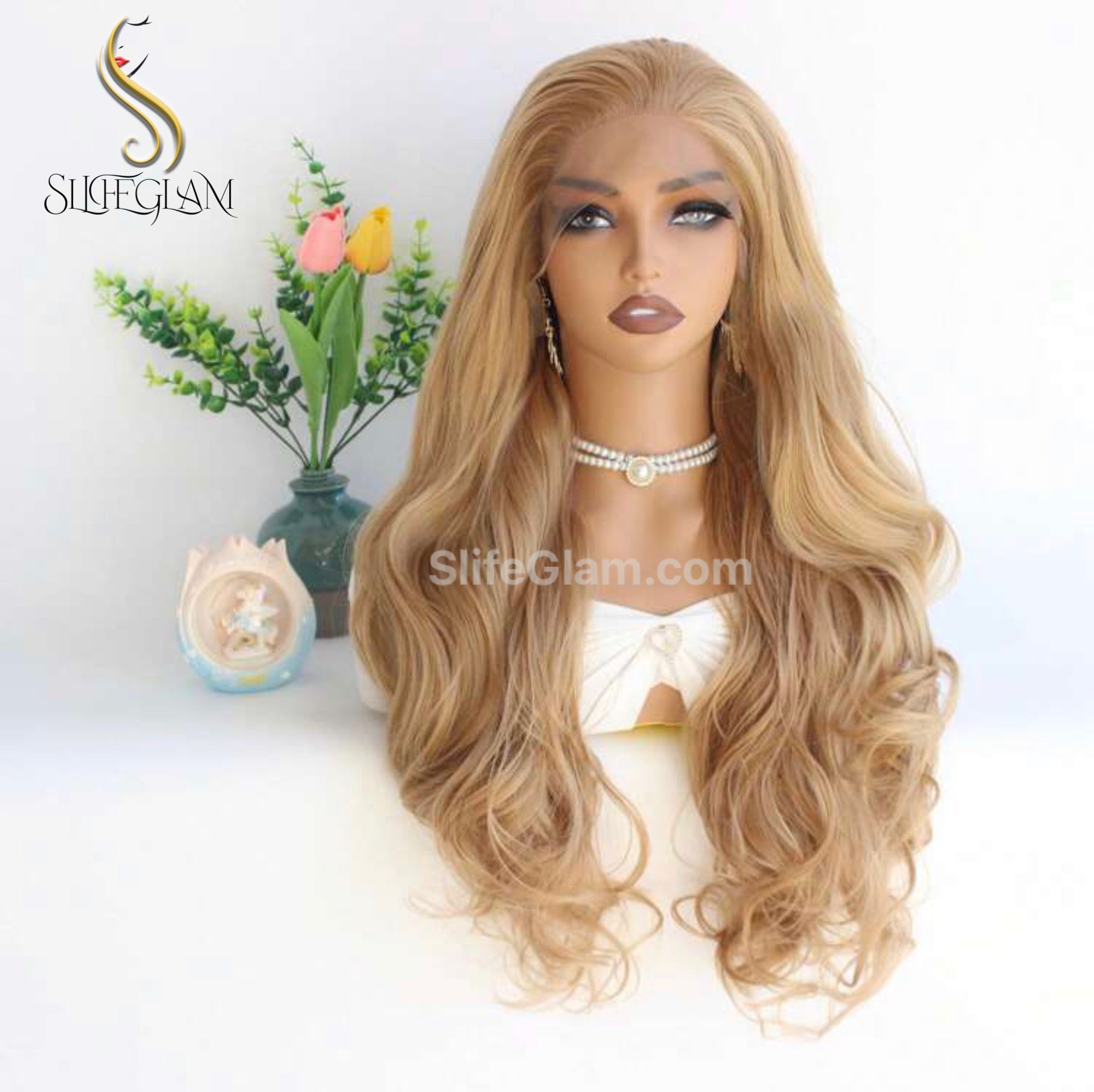 SlifeGlam Long Wavy Lace Front Honey Blonde Ash Blonde Cosplay Synthet SlifeGLAM