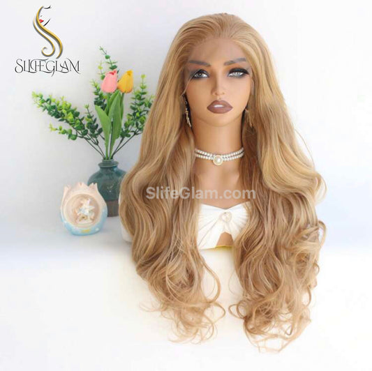 SlifeGlam Long Wavy  Lace Front Honey Blonde Ash Blonde Cosplay Synthetic Hair Wigs  Free Part Lace Frontal  Japanese Resistant Fiber