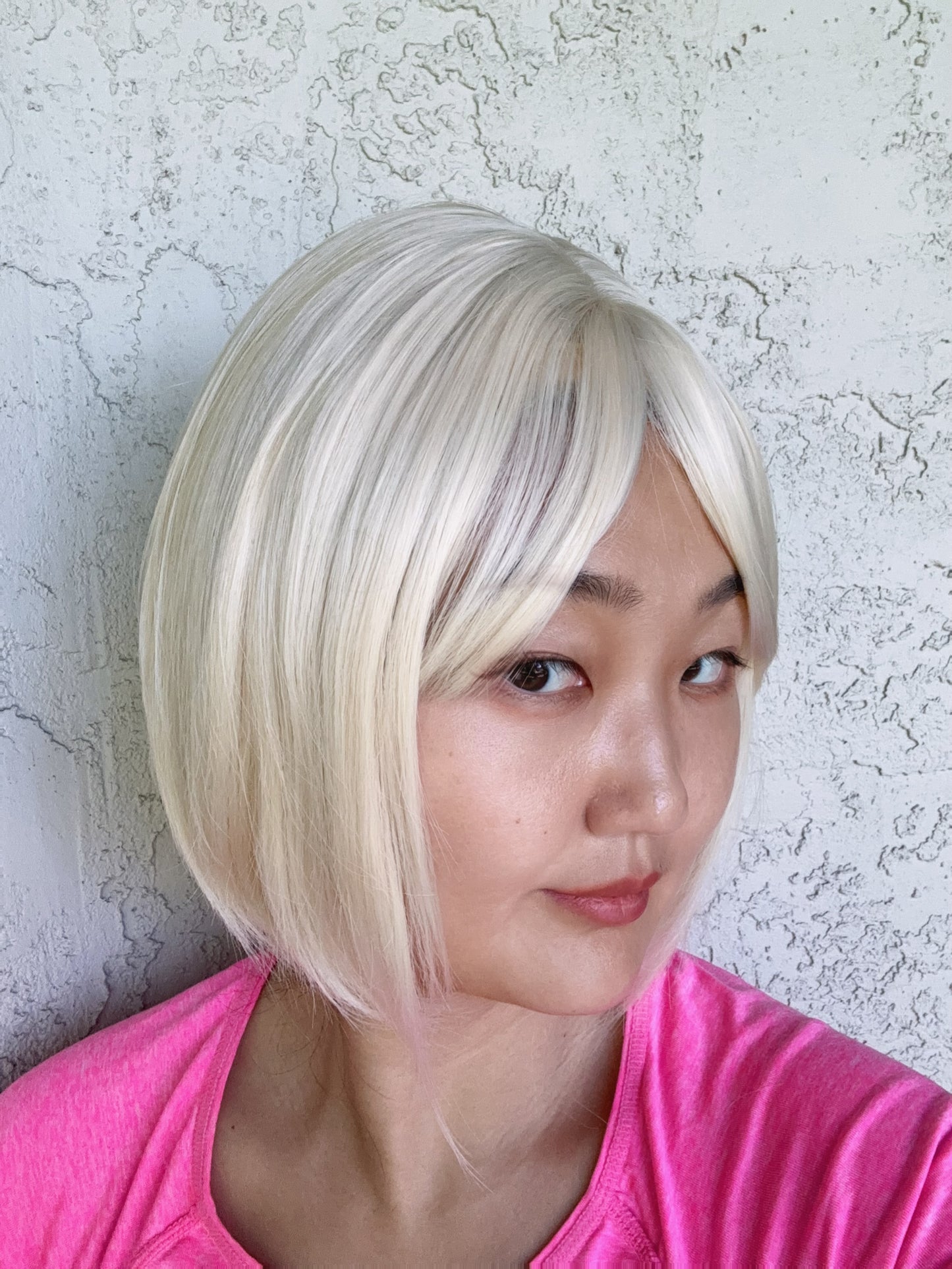 SlifeGlam Cute Platinum Blonde Ash Blonde Straight Bob Wig with Bang REALISTIC HAIRLINE Japanese Resistant Fiber