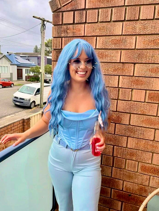 Beautiful Long Realistic Wavy Blue Wig Halloween Wig Drag Wig