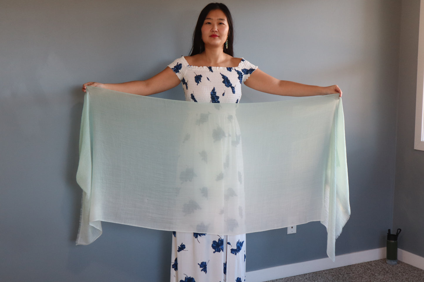 Handmade 100% Ring Cashmere Scarf Luxury Pashmina Handmade in Kashmir Light Soft and Warm Fair-trade from Nepali Artist Clearance Holiday Special Christmas Gift Thin Light Turquoise Blue/Green