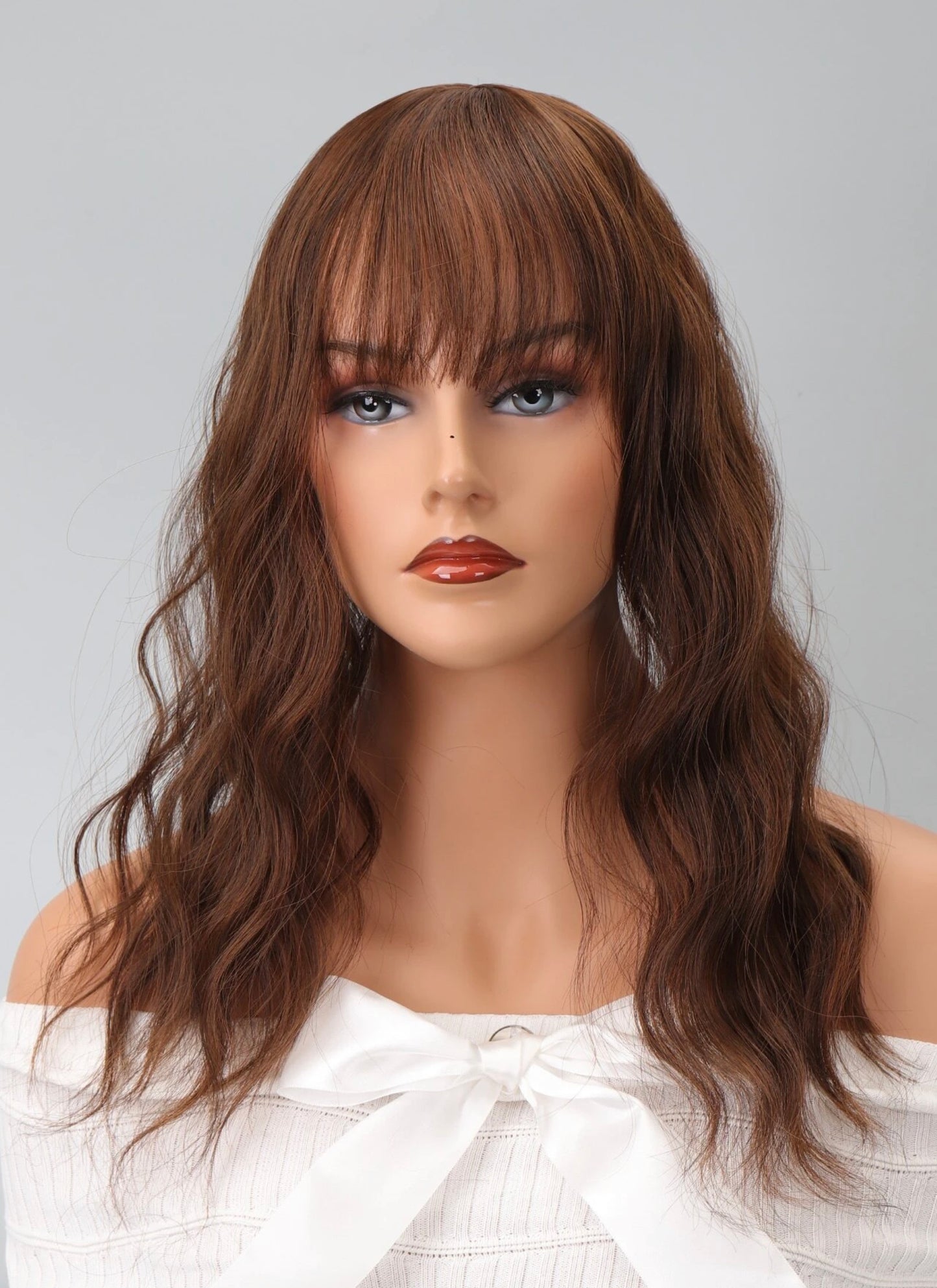 Realistic Black Brown Curly Hair Topper With Bang Wavy Hair 18 inches