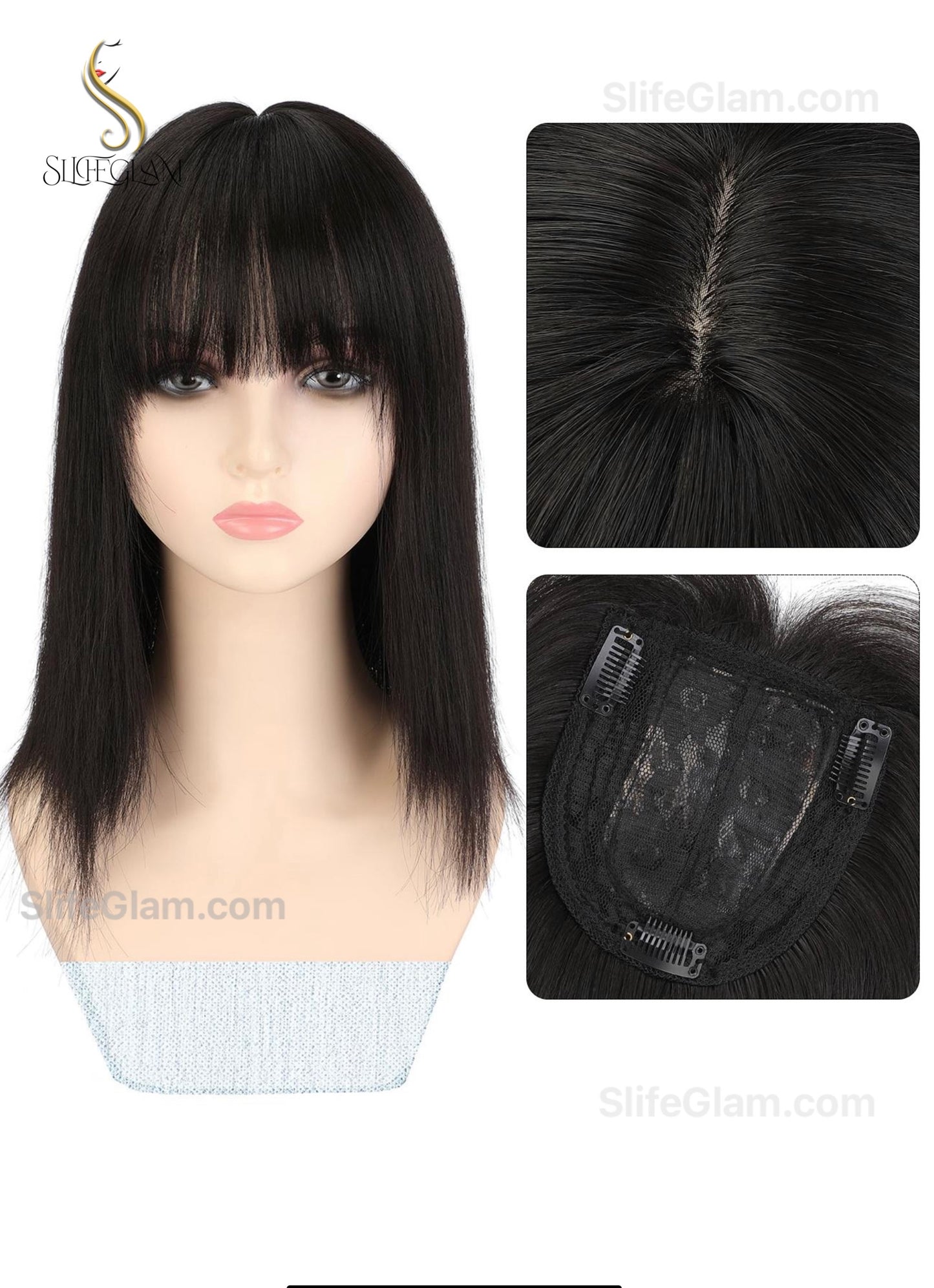 Realistic Black Hair Topper With Bang Dark Brown Straight Hair