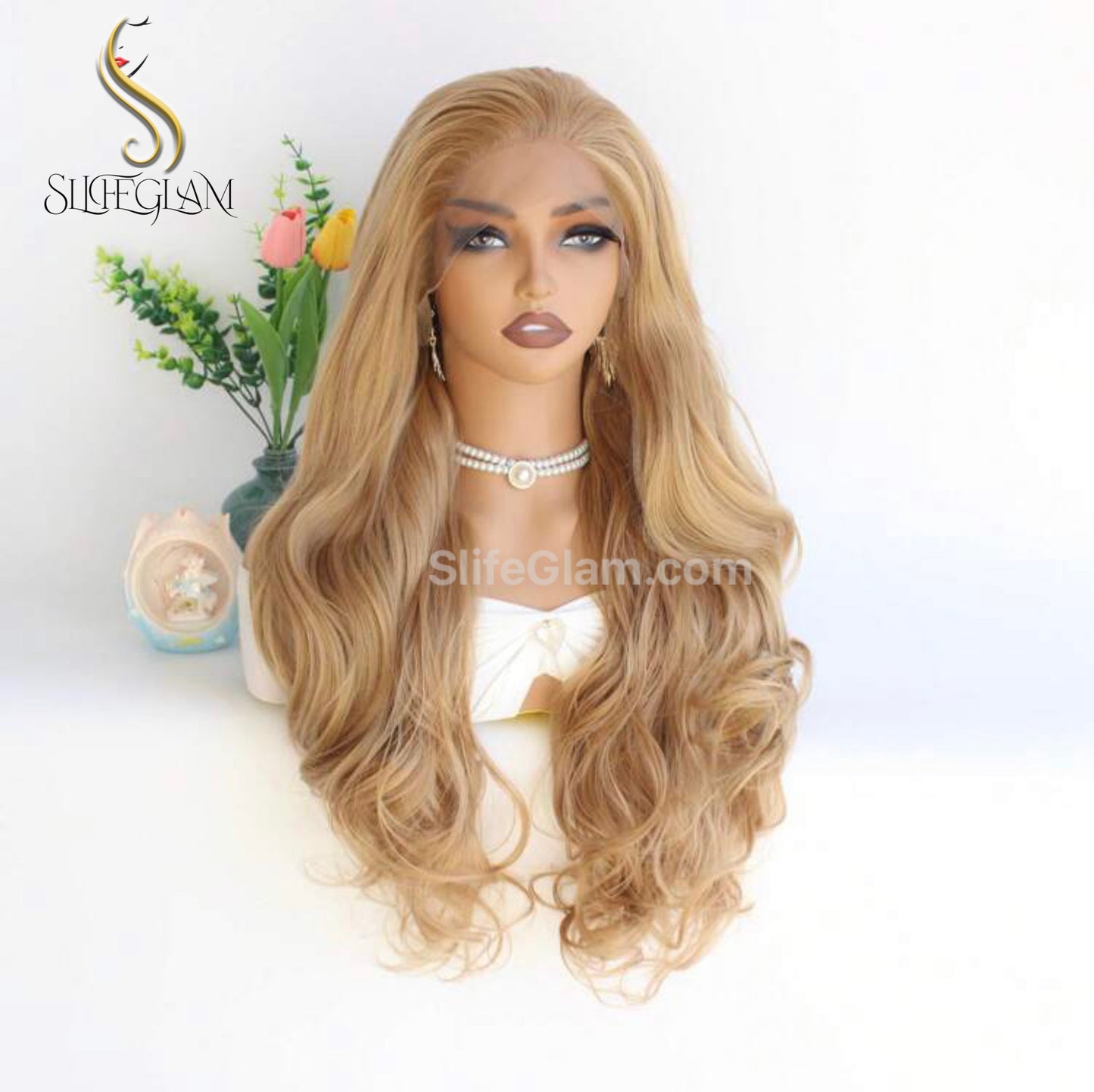 SlifeGlam Long Wavy  Lace Front Honey Blonde Ash Blonde Cosplay Synthetic Hair Wigs  Free Part Lace Frontal  Japanese Resistant Fiber