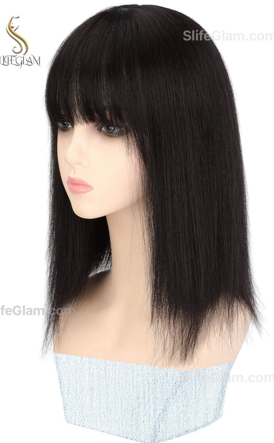 Realistic Black Hair Topper With Bang Dark Brown Straight Hair