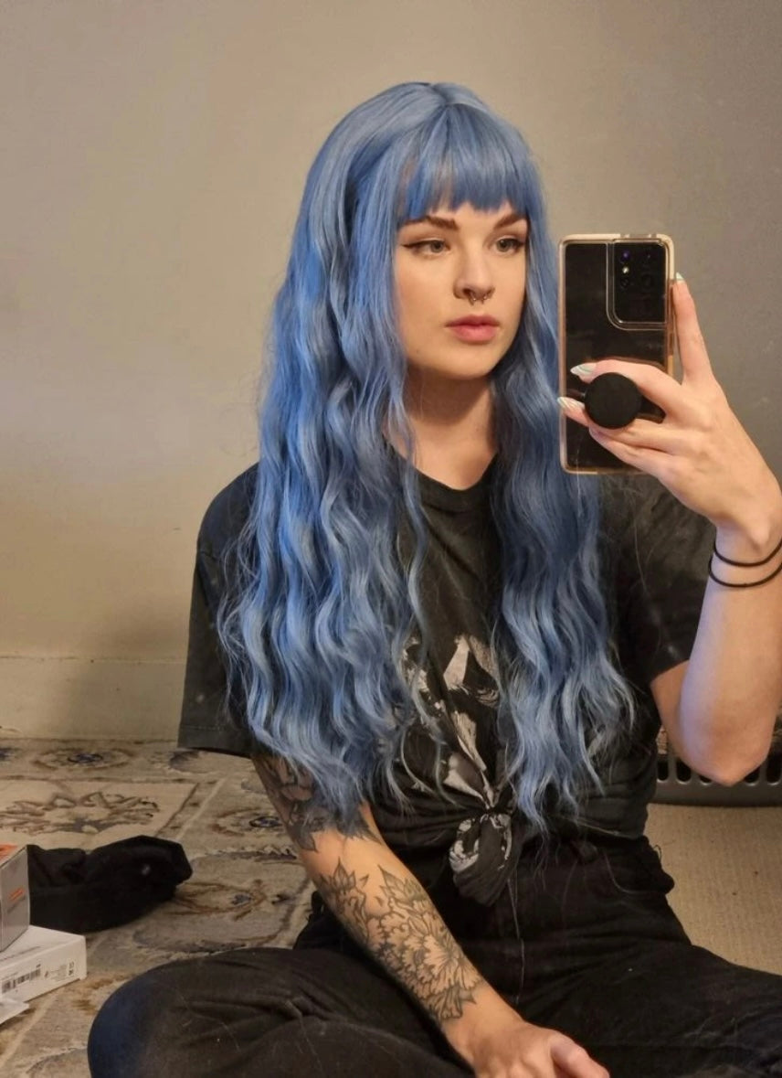 Beautiful Long Realistic Wavy Blue Wig Halloween Wig Drag Wig