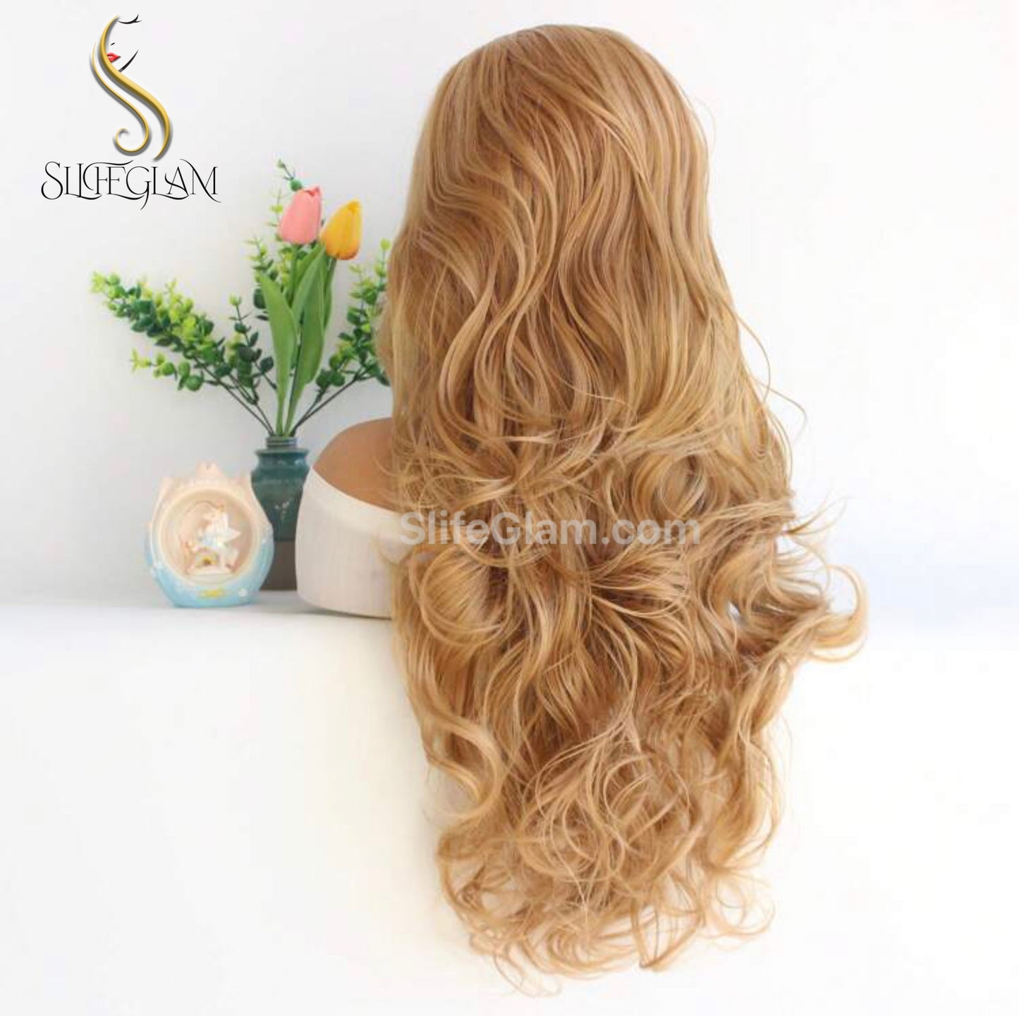 SlifeGlam Long Wavy  Lace Front Honey Blonde Ash Blonde Cosplay Synthetic Hair Wigs  Free Part Lace Frontal  Japanese Resistant Fiber