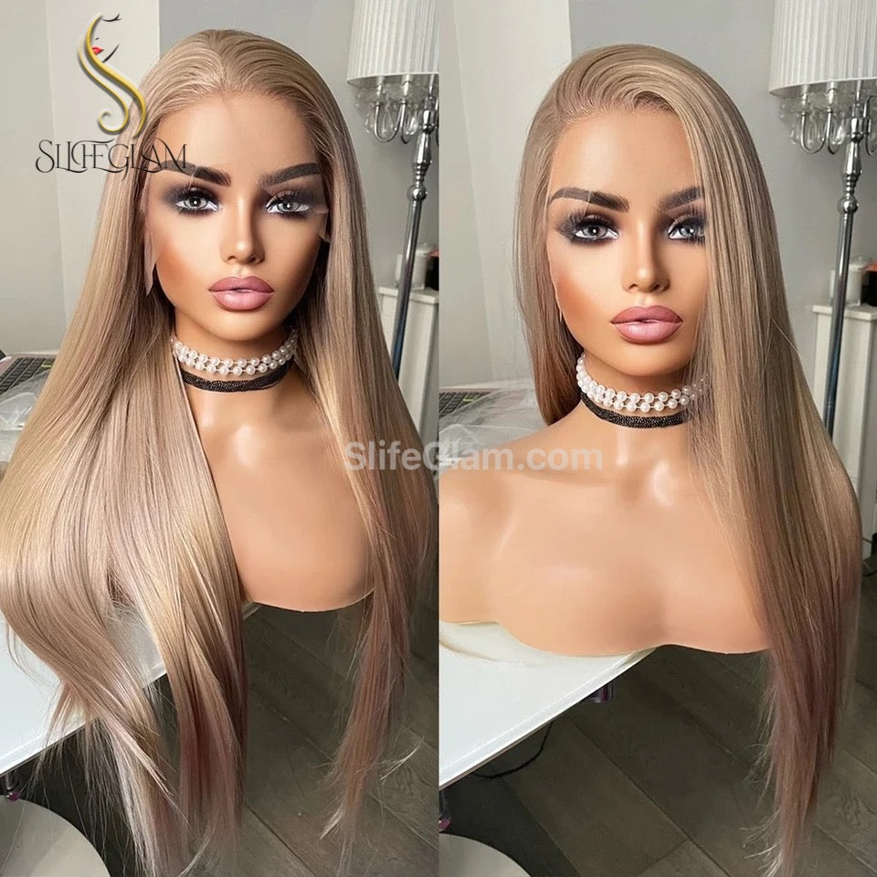 SlifeGlam Long Straight Lace Front Honey Blonde Ash Blonde Cosplay Synthetic Hair Wigs  Free Part Lace Frontal  Japanese Resistant Fiber