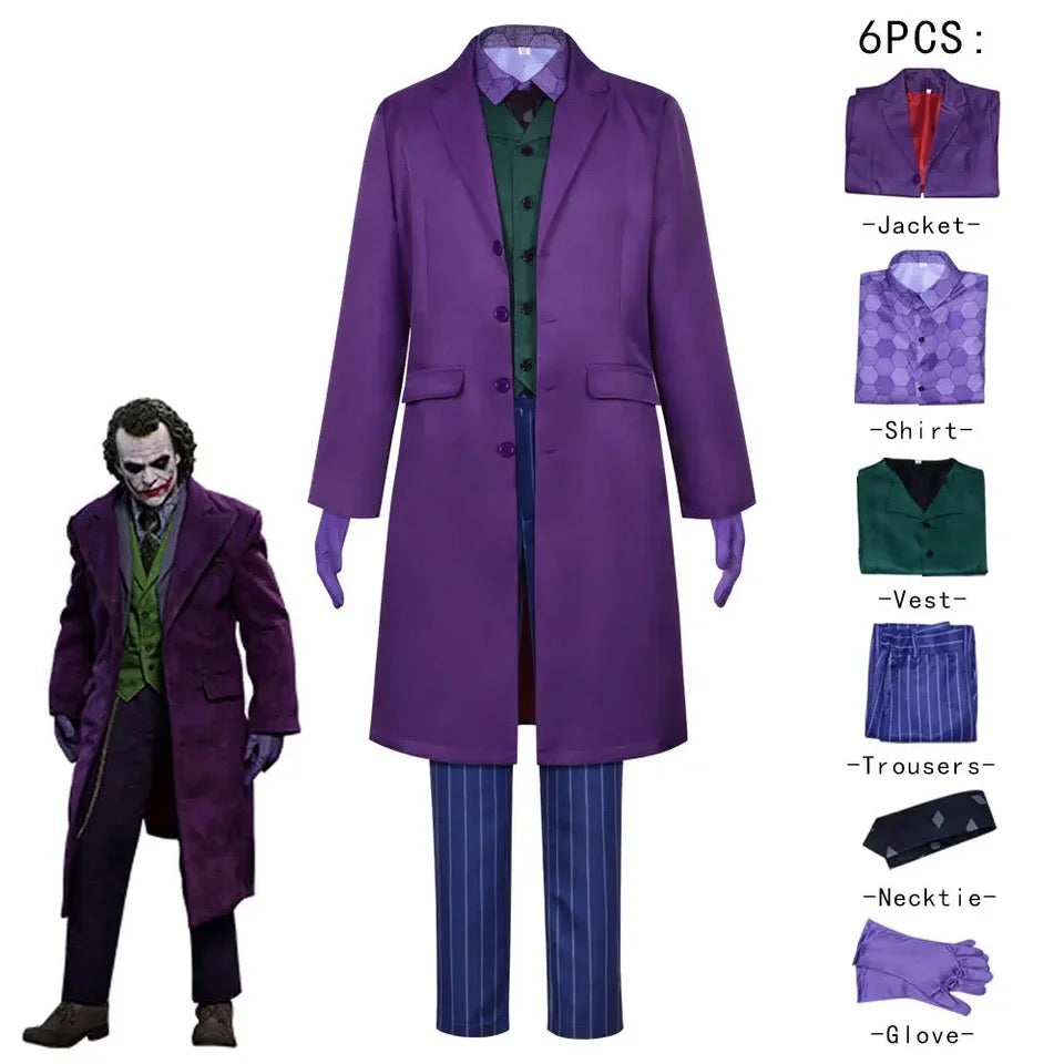 Halloween Costume Joker Outfit Full Set of 6 Movie Dark Knight Joker Cosplay Costume Heath Ledger Joker Purple Uniform Latex Mask Full Set Adult Halloween Carnival Party