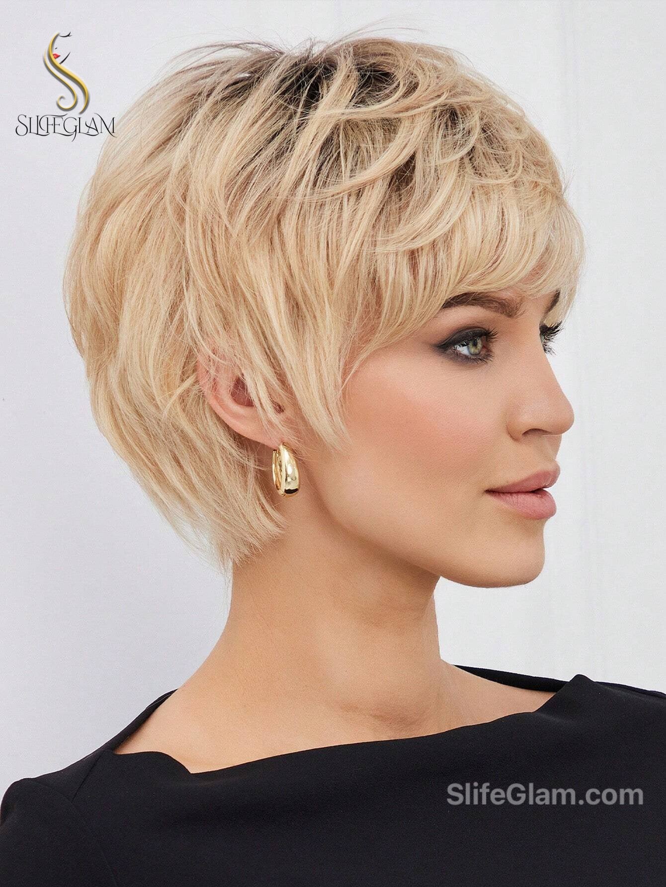 100% Human Hair Short Blonde Ombre Pixie Cut Wig