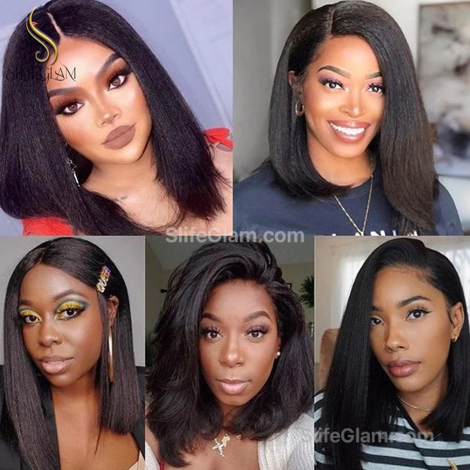 SlifeGLAM Kinky Human Hair Wig Black Human Hair Wig Wavy Curly Pre PluckedMiddle Part Lace Wigs Long Lace Front Side Part Mid Part