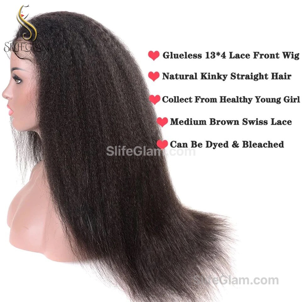 SlifeGLAM Kinky Human Hair Wig Black Human Hair Wig Wavy Curly Pre PluckedMiddle Part Lace Wigs Long Lace Front Side Part Mid Part