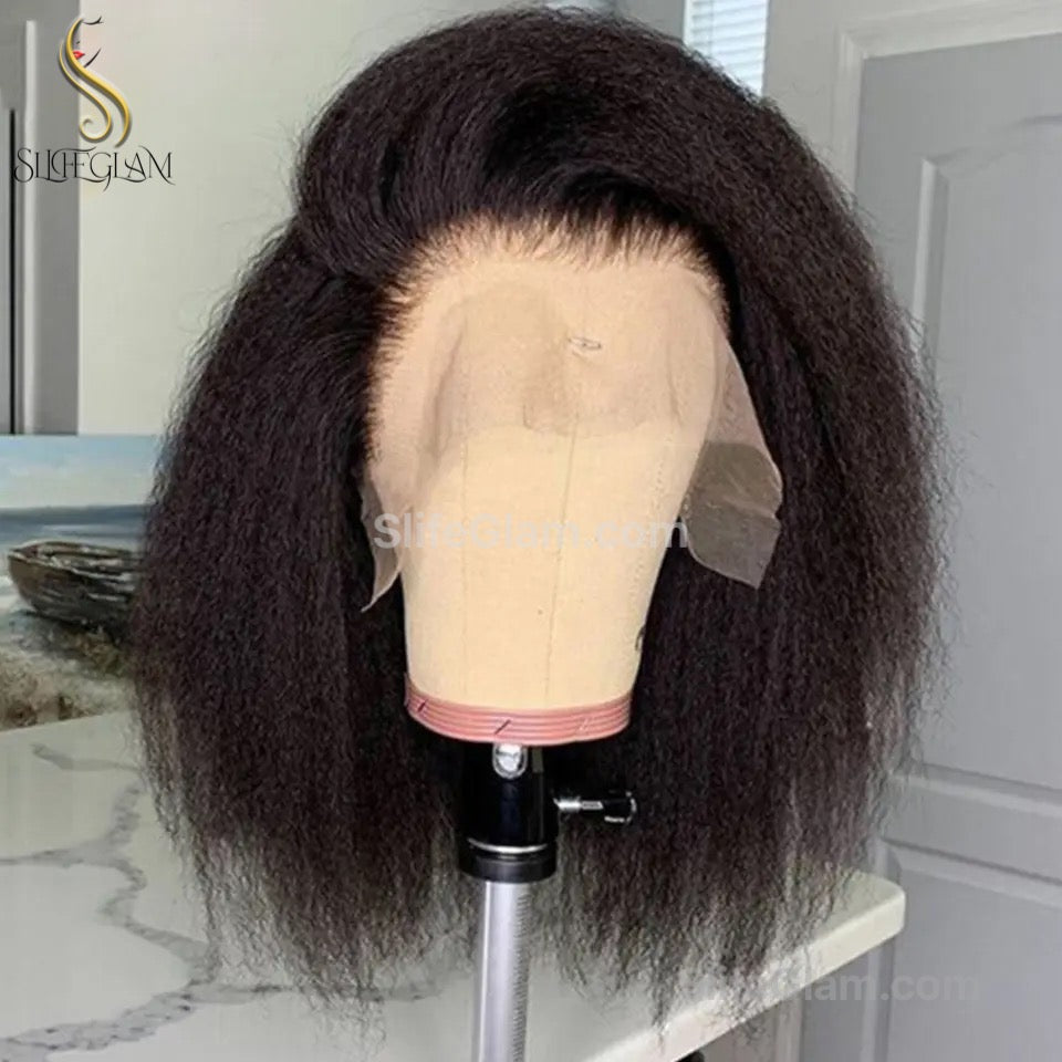 SlifeGLAM Kinky Human Hair Wig Black Human Hair Wig Wavy Curly Pre PluckedMiddle Part Lace Wigs Long Lace Front Side Part Mid Part