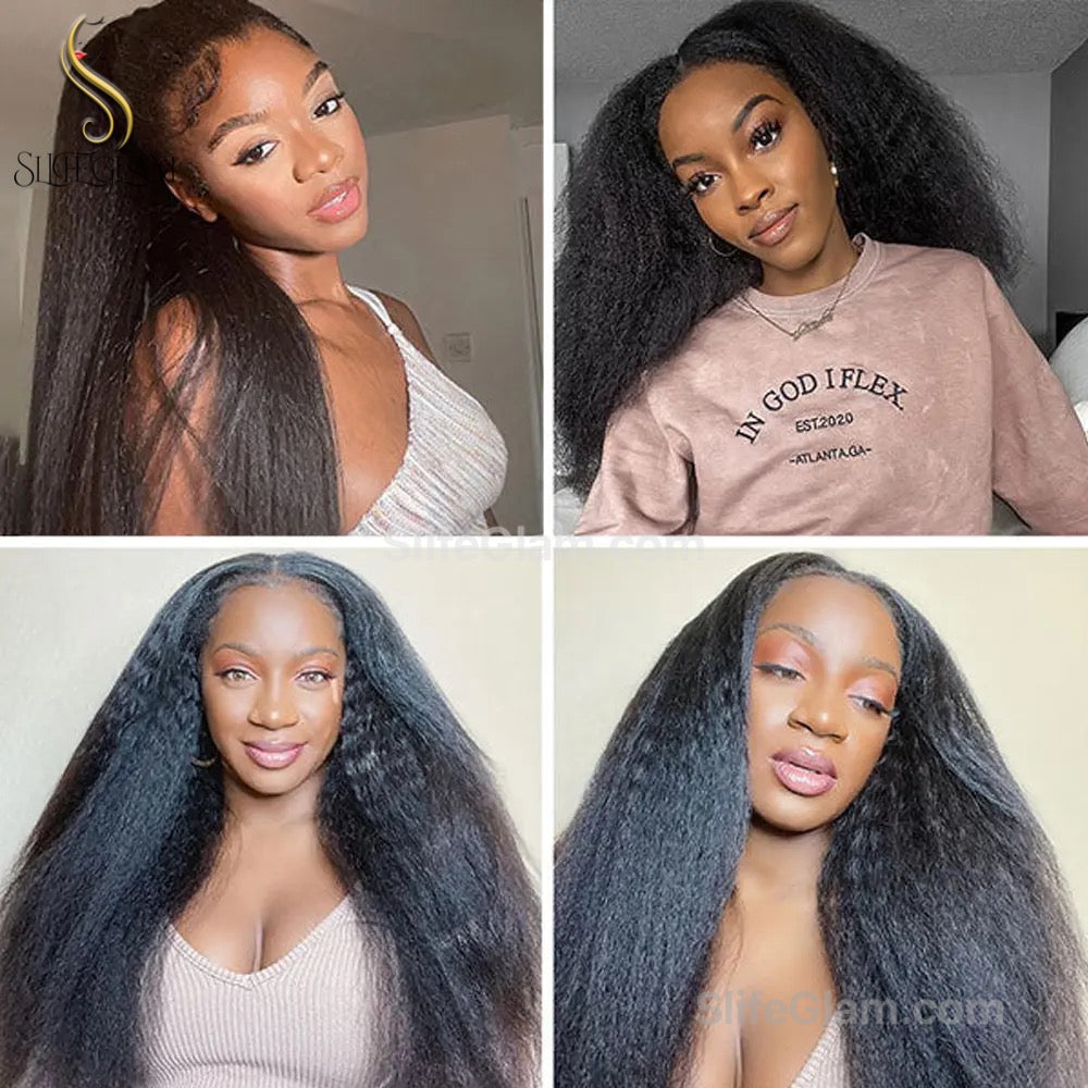 SlifeGLAM Kinky Human Hair Wig Black Human Hair Wig Wavy Curly Pre PluckedMiddle Part Lace Wigs Long Lace Front Side Part Mid Part