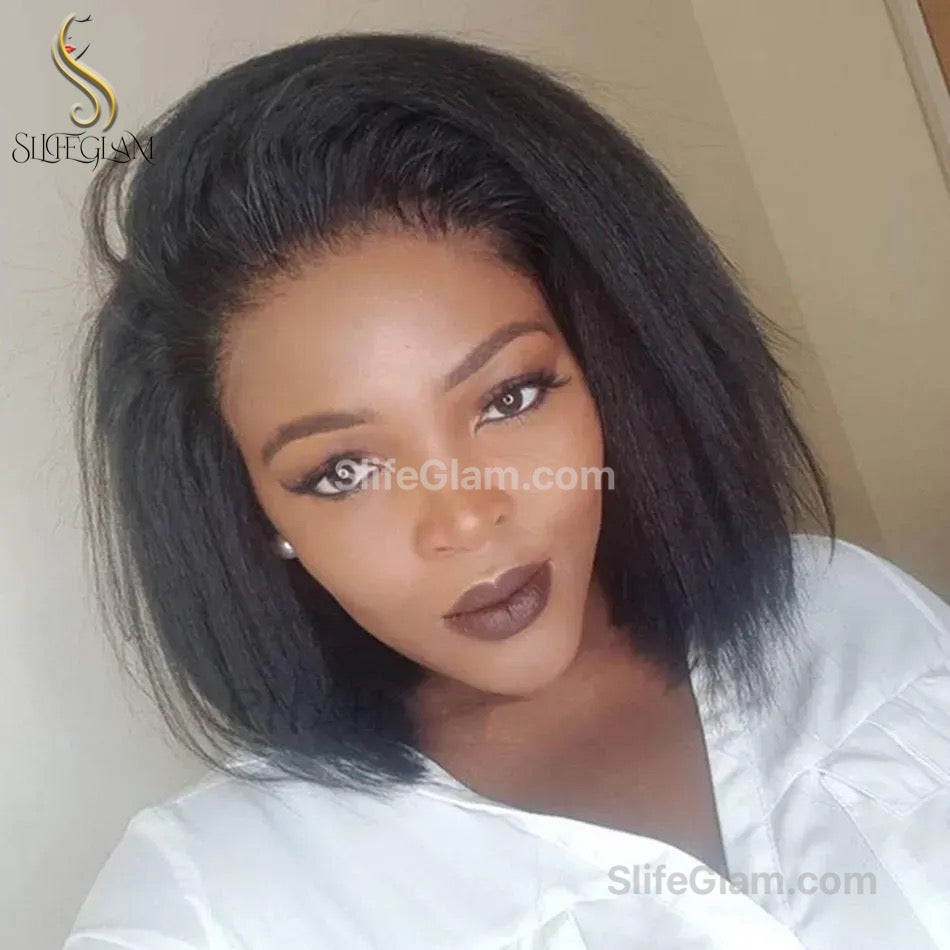 SlifeGLAM Kinky Human Hair Wig Black Human Hair Wig Wavy Curly Pre PluckedMiddle Part Lace Wigs Long Lace Front Side Part Mid Part