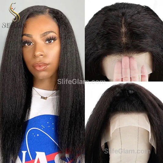 SlifeGLAM Kinky Human Hair Wig Black Human Hair Wig Wavy Curly Pre PluckedMiddle Part Lace Wigs Long Lace Front Side Part Mid Part