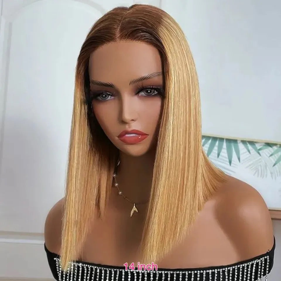 Short Shoulder Length Lace Front Brown to Blonde Ombre Human Hair Wig Full Lace Wig, Bob Lace Front Wig Human Hair Wig Wig Short Bob Brown to Honey Blonde High Light Wig