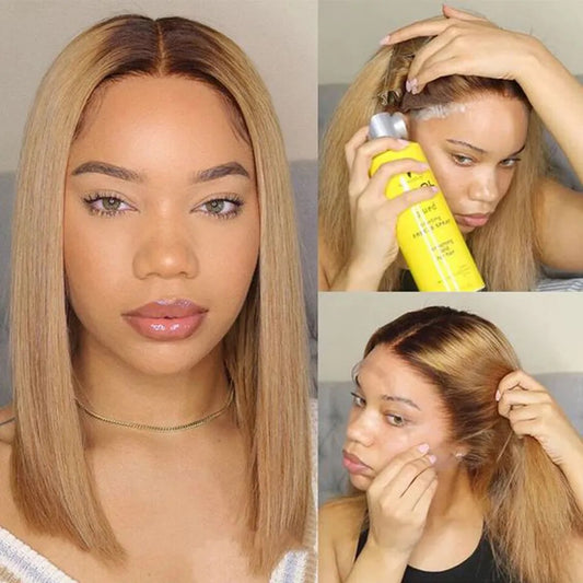 Short Shoulder Length Lace Front Brown to Blonde Ombre Human Hair Wig Full Lace Wig, Bob Lace Front Wig Human Hair Wig Wig Short Bob Brown to Honey Blonde High Light Wig