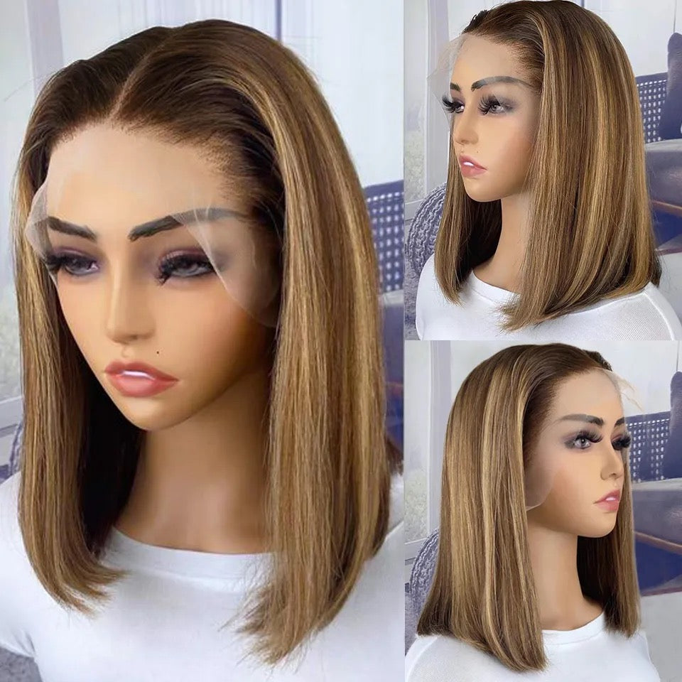 Short Shoulder Length Lace Front Brown Blonde Human Hair Wig Full Lace Wig, Bob Lace Front Wig Human Hair Wig Wig Short Bob Brown Blonde High Light Wig