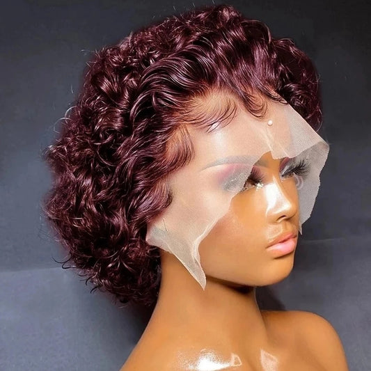 SlifeGlam Pixie Cut Wig Short Bob Curly Human Hair Wigs 13X1 Transparent Lace Red Burgundy Blonde Water Deep Wave Lace Front Wig For Women