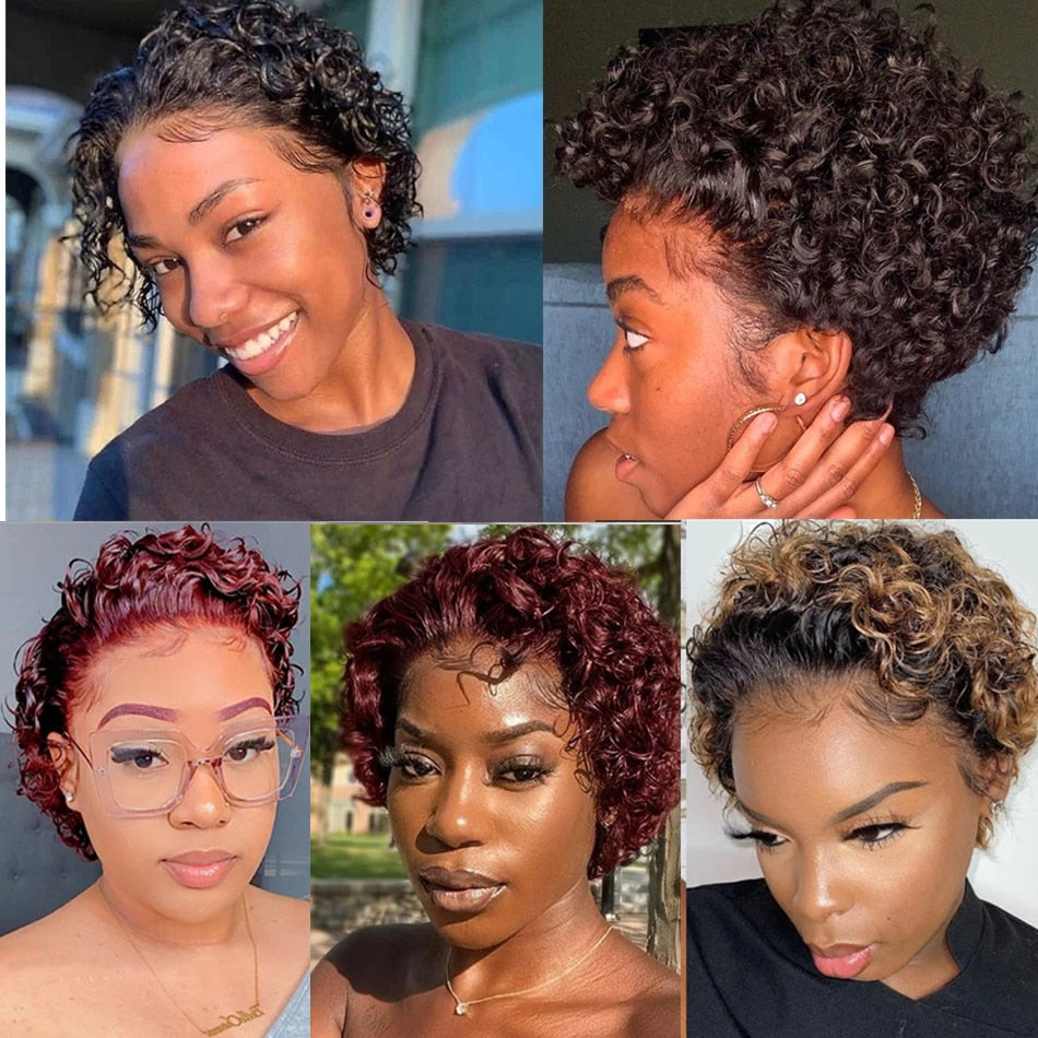 SlifeGlam Pixie Cut Wig Short Bob Curly Human Hair Wigs 13X1 Transparent Lace Red Burgundy Blonde Water Deep Wave Lace Front Wig For Women