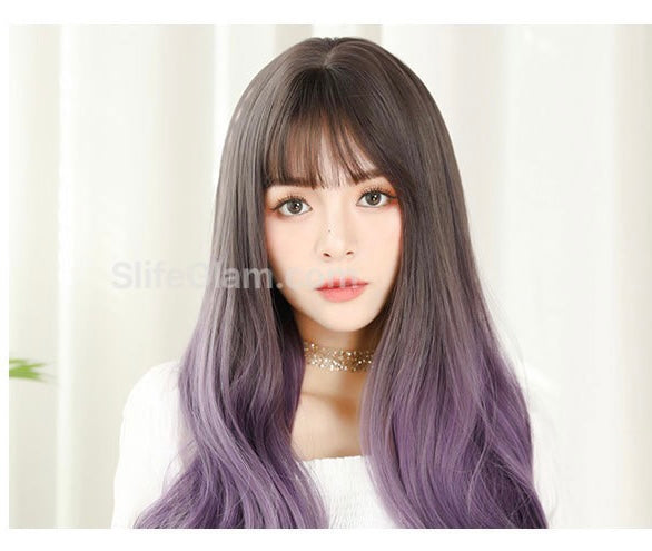 Beautiful Realistic Long Wavy Brown Purple Ombre Wig Natural Realistic