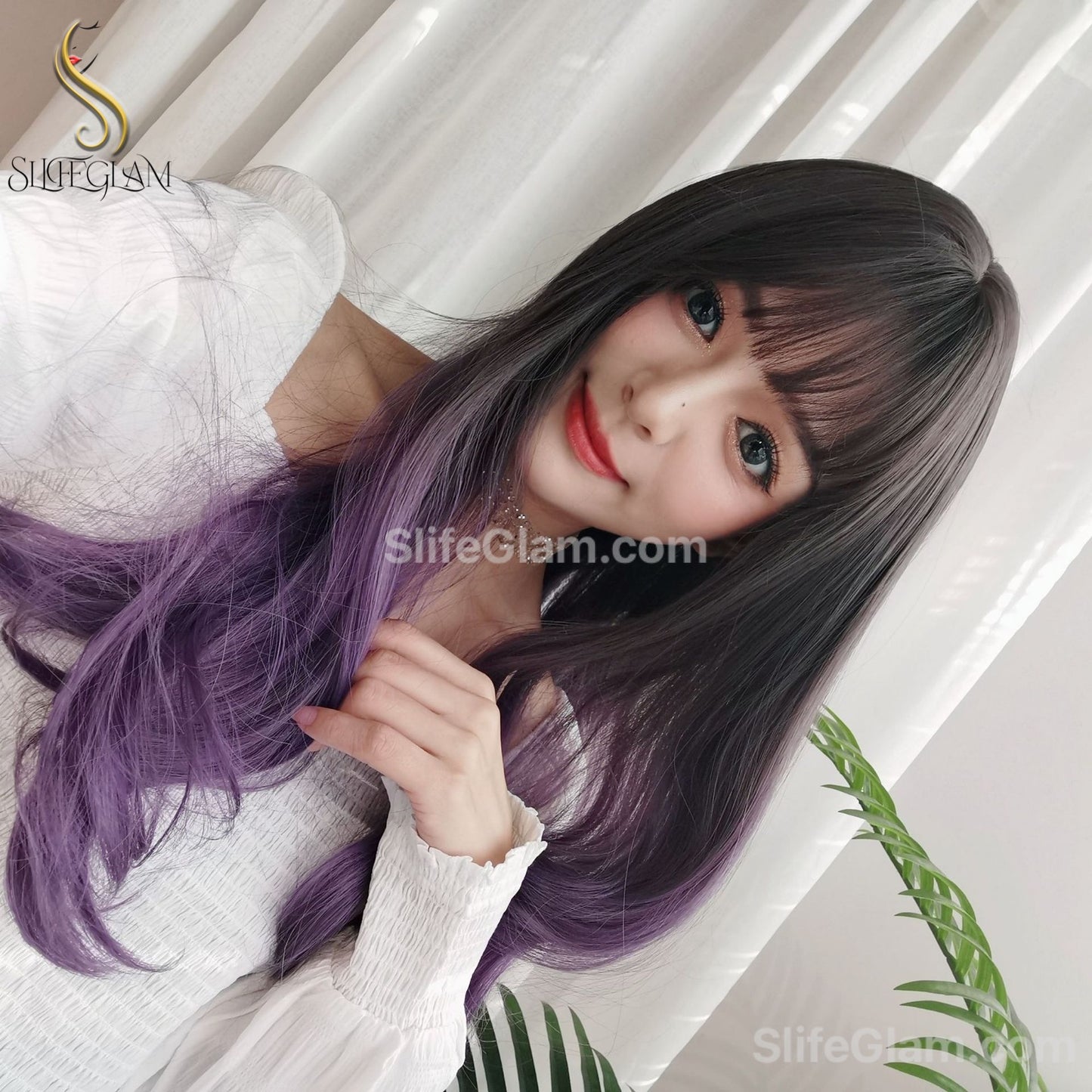 Beautiful Realistic Long Wavy Brown Purple Ombre Wig Natural Realistic