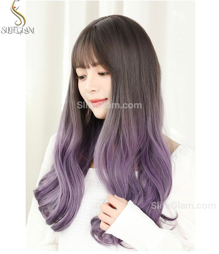 Beautiful Realistic Long Wavy Brown Purple Ombre Wig Natural Realistic