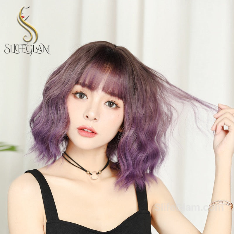 Cute Realistic Wavy Purple Ombré Bob Wig Natural Realistic