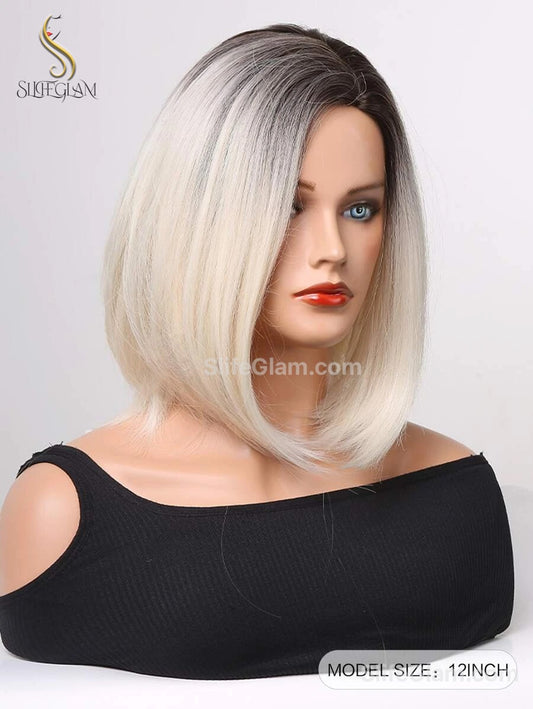 Beautiful Realistic Platinum Blonde Bleached Blonde Side-part Short Shoulder Length Wig