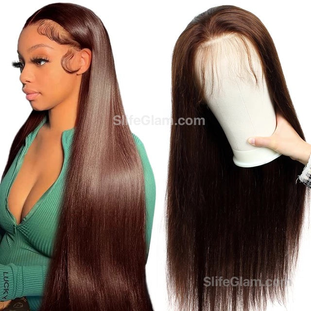 SlifeGLAM Long Straight Brown Human Hair Wig Brown Human Hair Wigs Pre Plucked Straight Middle Part Lace Wigs Long Lace Front Side Part Mid Part 7A