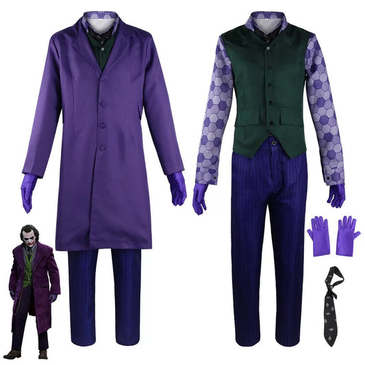 Halloween Costume Joker Outfit Full Set of 6 Movie Dark Knight Joker Cosplay Costume Heath Ledger Joker Purple Uniform Latex Mask Full Set Adult Halloween Carnival Party